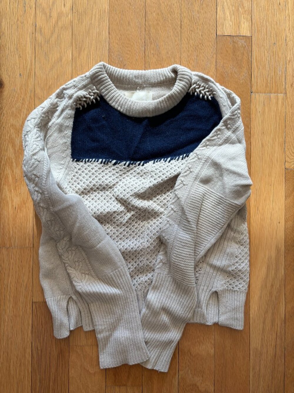 Zadig & Voltaire Patchwork Cable Knit Sweater Cream Navy Whipstitch Size M